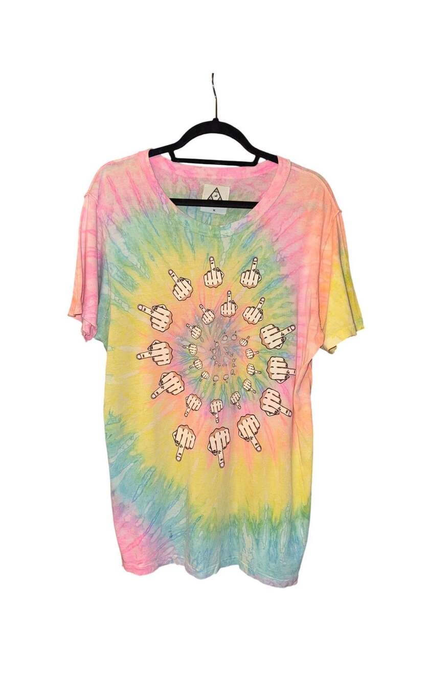UNIF Graphic T-Shirt Size M Rainbow Pastel Tie-Dye Middle Finger Spiral